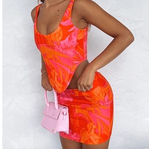 White Fox Boutique Orange and Pink Skirt Set